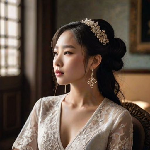 Create a portrait of a refined and elegant Chinese woman seated in a sophisticated setting. She has long, wavy hair styled in two thick braids that are pulled over her shoulders. She wears a white, lace gown with intricate patterns, featuring a deep V-neckline and short sleeves. The dress exudes a vintage charm with its delicate lacework. She is adorned with ornate, dangling earrings that add a touch of glamour to her appearance. The background is softly lit, with warm, ambient lighting that creates a cozy and inviting atmosphere. Her expression is poised and serene, capturing a sense of grace and elegance.