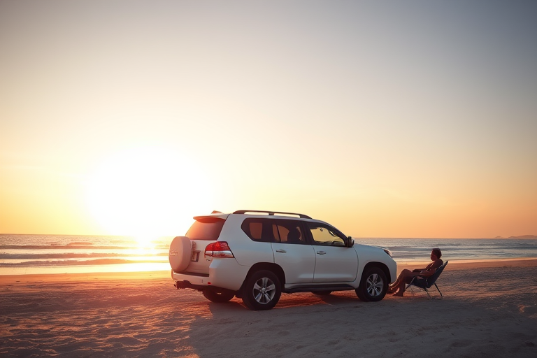 sunset beach scene with a white SUV parked near the shore, two people relaxing in beach chairs, captured with a DSLR camera, aperture f/2.8, ISO 100, shutter speed 1/200s, wide-angle lens, golden hour lighting