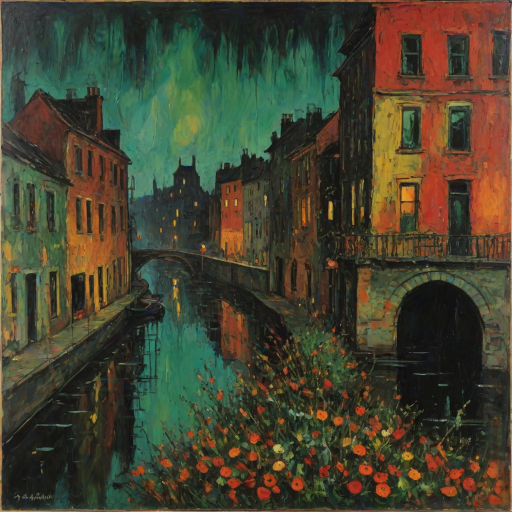 Misty Night, october. Half the frame is occupied by the wall of an old lonely towerhouse. Garlands of flowers hang from the windows. The rest of the frame is a view of the canal and bridge. Abstract expressionism, grunge impasto red orange, black, green intense oil colors on canvas. Jackson Pollock's, naive childish lines, microsplashes. Disturbing, depressive.