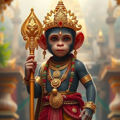 A highly detailed digital painting of a young monkey god figure standing confidently with a golden staff, adorned in intricate jewelry and rich clothing, set in a lush, mystical temple environment with soft, ethereal lighting, shot with a Canon EOS R5, 85mm f/1.2 lens, at ISO 100, aperture f/2, with a shallow depth of field to create a dreamy background blur.