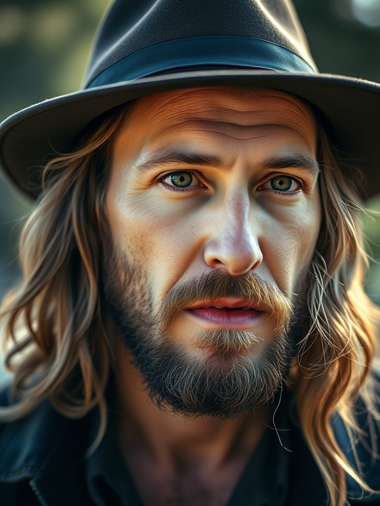 Create a portrait of a man with long hair and a hat, expression contemplative, with a soft focus and dreamlike quality, shot with a Canon EOS R5, 50mm lens, f/1.8 aperture, ISO 200, in natural light, using a shallow depth of field to enhance bokeh and texture.