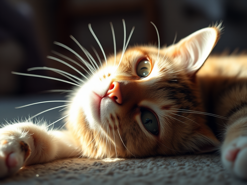 Capture a close-up of a relaxed cat lying on its back with soft natural sunlight illuminating its face, use a DSLR camera at f/2.8, ISO 100, shutter speed 1/200 sec, focus on the eyes, in a cozy indoor setting with a shallow depth of field to create a soft background.