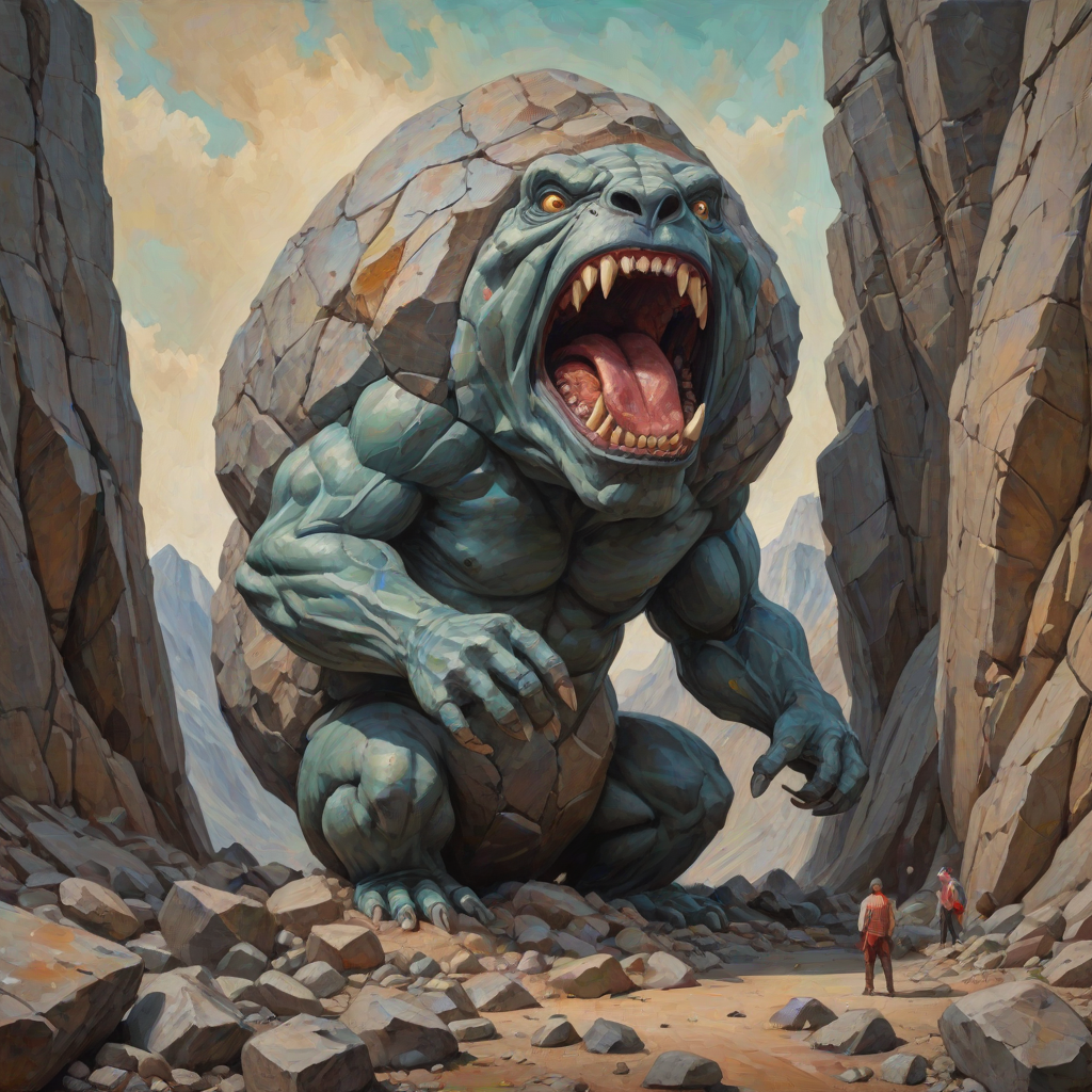A detailed and anatomically presented mr stone-eater stands and bites into a huge boulder. surreal abstract art, grunge oil colors on canvas, textured background