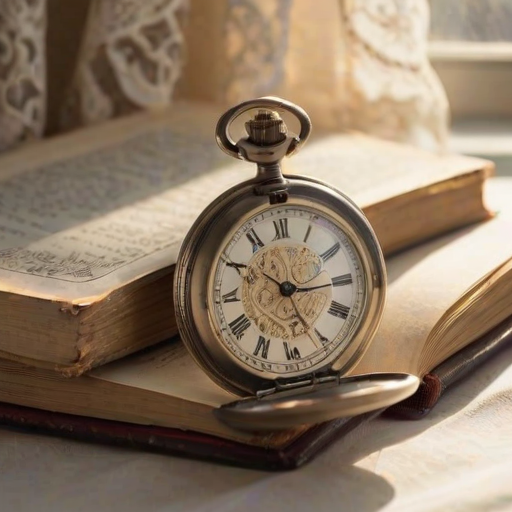 Close-up of a vintage pocket watch resting on an open book, soft sunlight filtering through the window, with delicate shadows from lace curtains softly dancing on the pages.