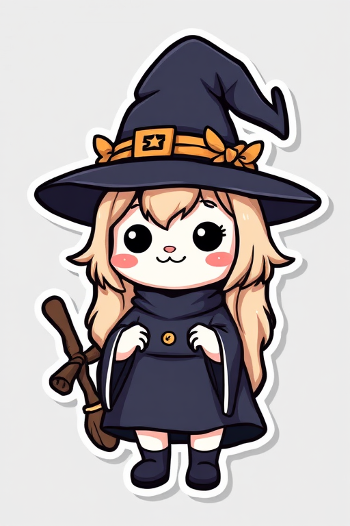 this photo is a kawaii Witch's familiar sticker, 3d digital art, grey background, sticker line weight