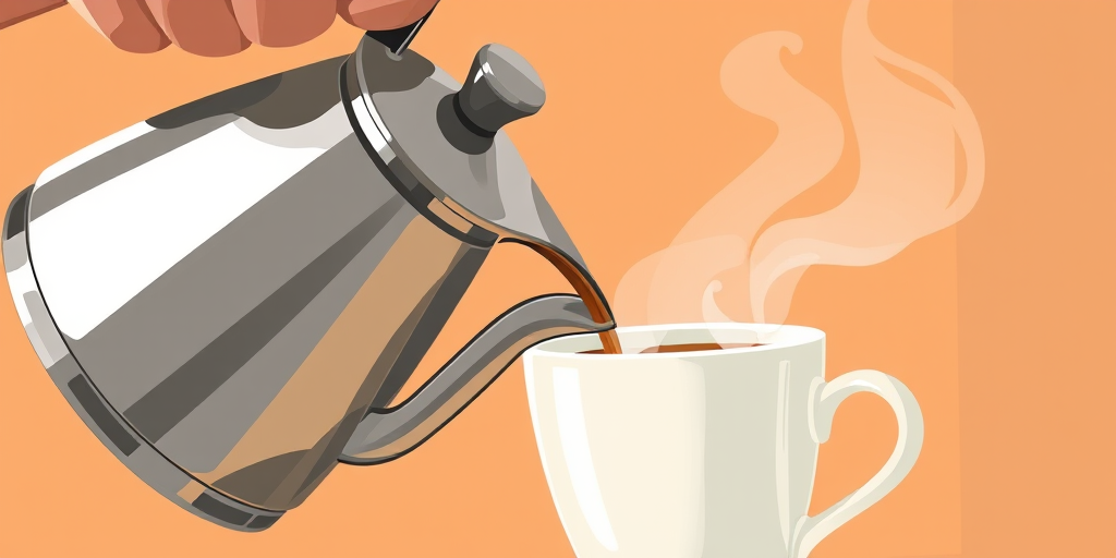 A close-up illustration of a hand pouring coffee from a silver kettle into a white cup, with steam rising from the cup, background in warm tones, shot with a 50mm lens, f/1.8 aperture, ISO 100, soft natural lighting for enhanced detail and texture.