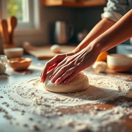Warmly lit close-up of a pair of hands shaping dough on a flour-dusted countertop, with baking ingredients scattered around, and soft light from a nearby window creating a cozy kitchen scene.