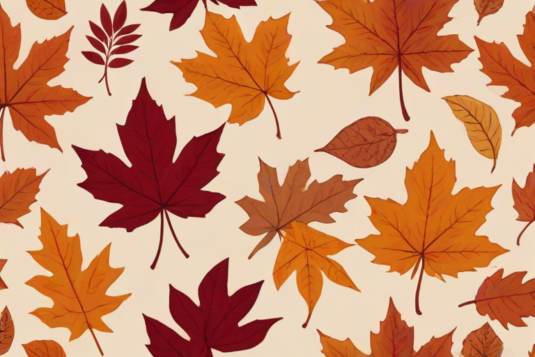 create a seamless pattern featuring various autumn leaves in shades of orange, brown, and burgundy on a light tan background