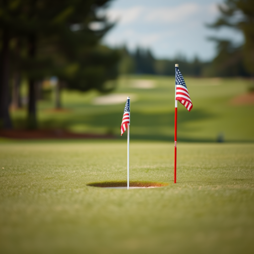 A golf course putting green with a small American flag on the hole, shallow depth of field, f/2.8 aperture, 50mm lens, ISO 100, taken in natural light with a DSLR camera.