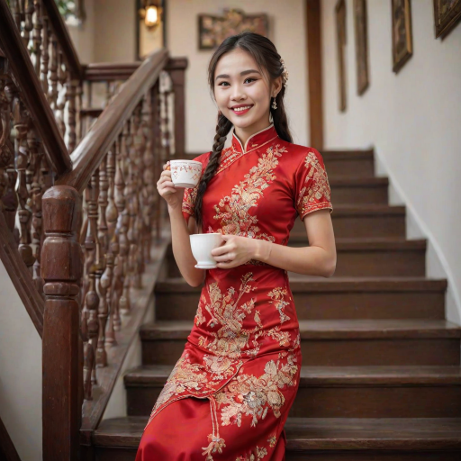 Chinese girl with a sweet smile wearing a red shivalai Thai dress, diamond jewelry, braided hair, holding a cup of hot coffee, wearing white high heels, standing on the stairs, Thai style house.