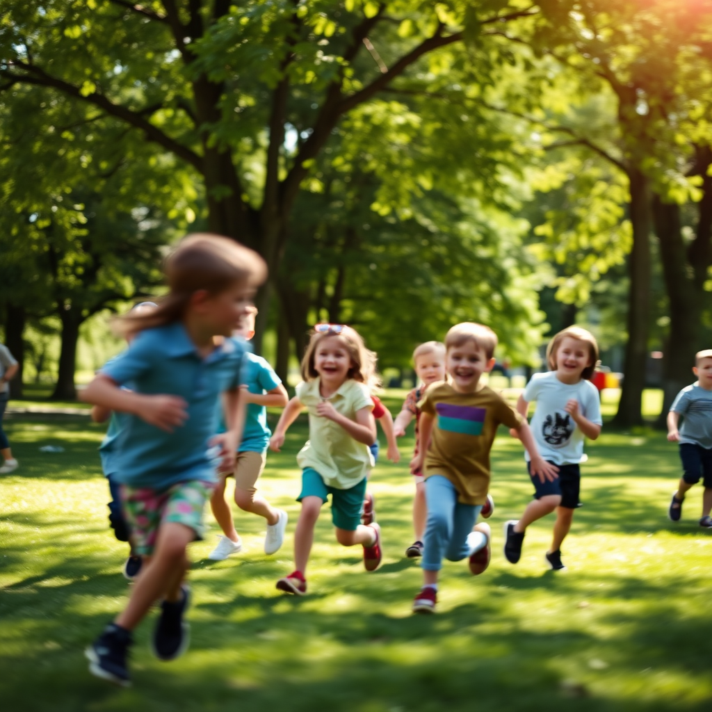 Blurry candid shot of a group of children playing tag in a sunny park, laughter filling the air, with trees providing dappled shade around them.