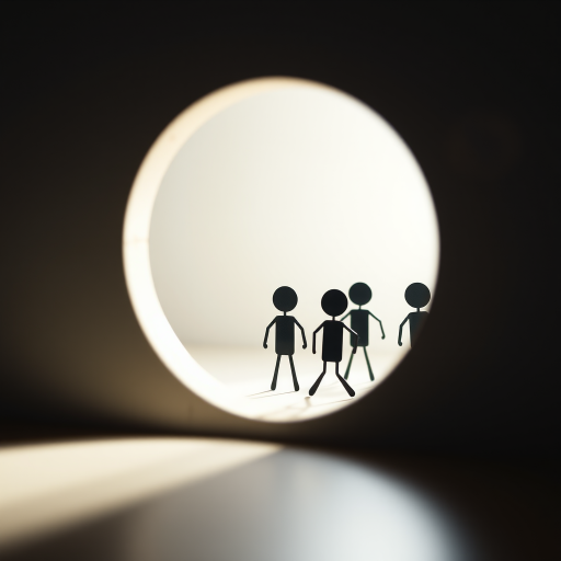 Create an image of a minimalistic scene depicting small stick figure characters emerging through a large keyhole casting light, with a soft focus background, using a DSLR camera with a 50mm lens, aperture f/2.8, ISO 200, and a wide-angle view for depth.