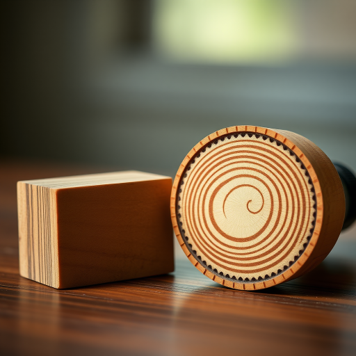 Create a high-resolution image of two wooden stamps, one rectangular and one circular, viewed from a slight angle to show depth, using a DSLR camera at 50mm focal length, f/2.8 aperture, ISO 100, with natural soft lighting to enhance the wood texture and detail.