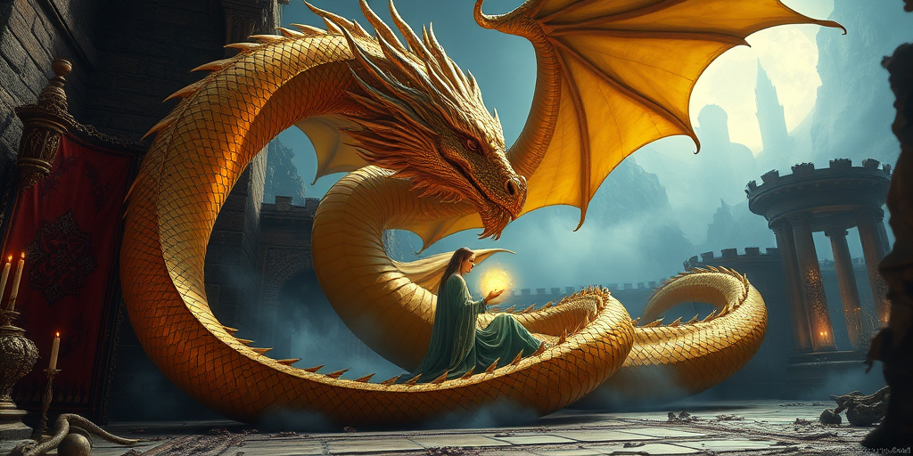 fantasy scene of a golden dragon with intricate scales and flowing mane coiled around a serene figure holding a glowing orb, surrounded by mystical ruins and celestial elements, shot with a DSLR camera at f/2.8, ISO 100, 24mm lens, in vibrant colors and high dynamic range, from a low angle to emphasize the dragon's grandeur