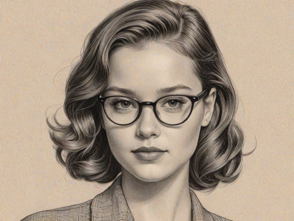 Superb Cailee Spaeny, pencil sketch, portrait of Exquisite woman 1952s in glasses, hair style beatnik, outline, clear lines, fine lines, 8k
