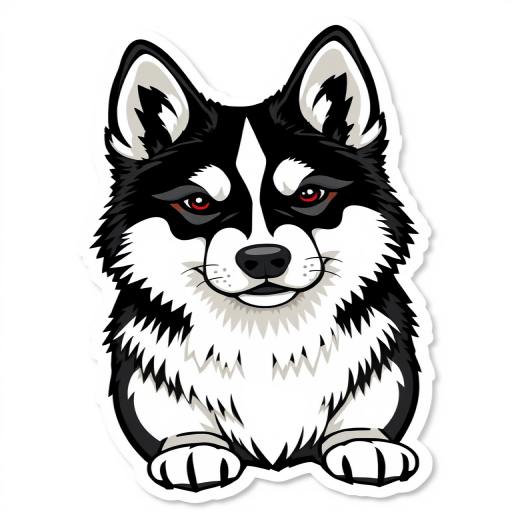 generate sticker, 3D black and white yakutian laika dog breed, black background