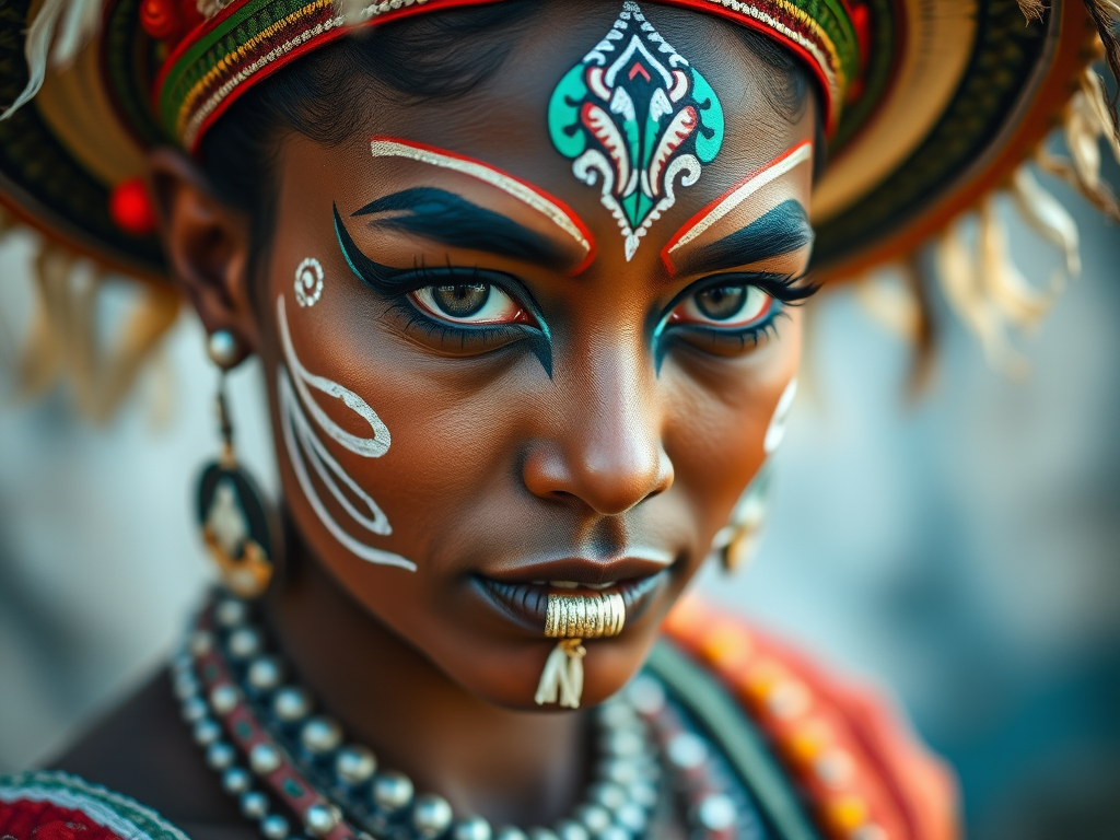 Capture a close-up portrait of a traditional dancer with intricate face paint, using a DSLR camera at f/2.8 aperture, ISO 100, and a shutter speed of 1/200s, with a shallow depth of field to softly blur the background, in natural light.