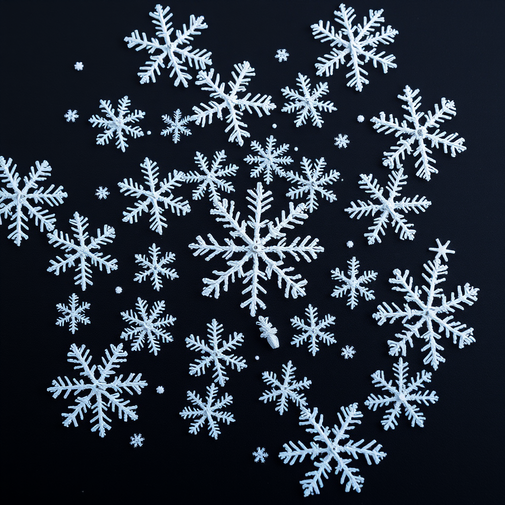 Create a high-resolution image of various white snowflakes on a solid black background, using a Nikon D850 camera with a 50mm lens at f/1.8, ISO 100, and a shutter speed of 1/200s, with a top-down perspective and soft natural lighting to enhance detail and contrast.