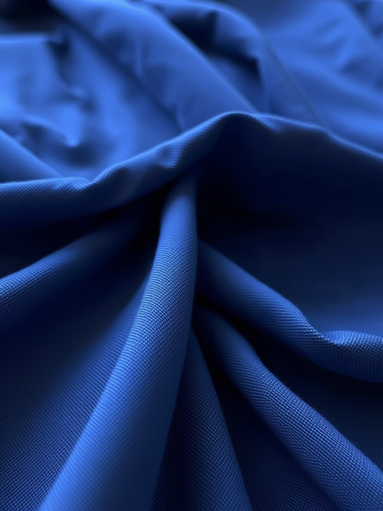 Create a high-resolution image of deep blue fabric with intricate folds and textures, shot with a DSLR camera at f/2.8 aperture, 50mm lens, ISO 100, 1/125s shutter speed, in natural soft lighting from the left, using a shallow depth of field to emphasize the fabric's details.