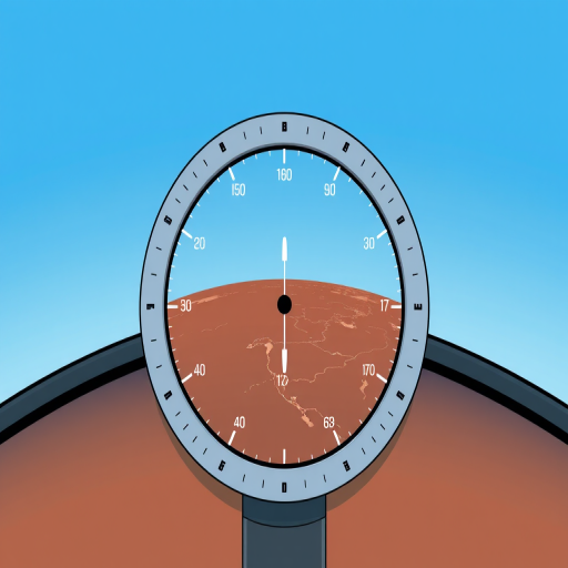 Create an illustration of an aircraft's artificial horizon gauge, featuring a blue sky above and brown earth below, with clear markings and a simplified design; use a Canon EOS R5 camera, set to f/8 aperture, ISO 100, 1/200 shutter speed, captured from a straight-on view, in high-resolution vector graphic style.