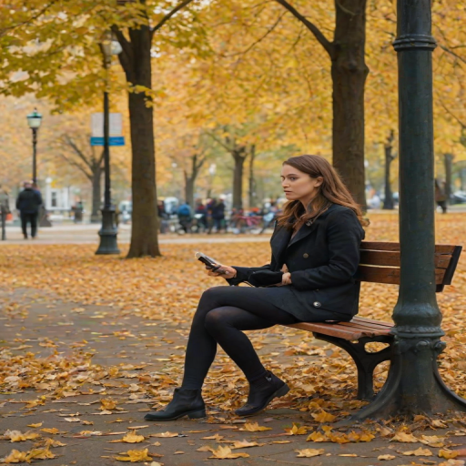 Quiet corner of a city park, a woman sits on a bench, watching the world go by as leaves fall gently around her, her hand resting on the handle of her bicycle.
