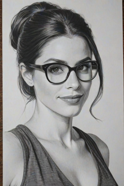 Exquisite Meghan Ory, pencil sketch, portrait of Ravishing woman 1965s in glasses, hair style beatnik, outline, clear lines, fine lines, 8k