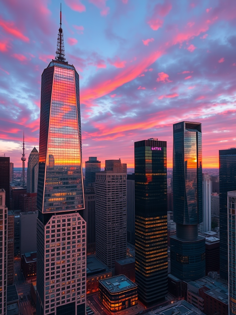 A vibrant cityscape at sunset with skyscrapers reflecting the orange and pink hues of the sky, taken with a Canon EOS R5, 35mm lens, aperture f/8, ISO 100, shutter speed 1/125 sec, shot from a high vantage point for a dynamic perspective.