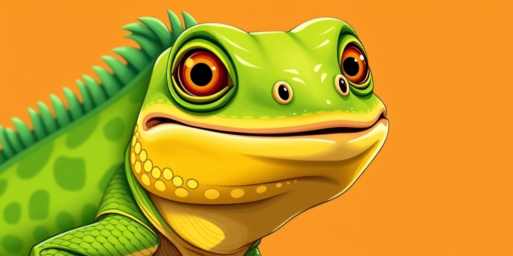 Create a colorful cartoon-style illustration of a smiling iguana, with vibrant green and yellow hues, set against a soft orange background, shot with a Canon EOS 5D Mark IV, 50mm lens at f/2.8, using a slightly low angle view to emphasize the character's playful expression while ensuring high detail and vibrant colors.