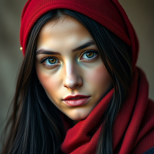 Create a portrait of a young Metis woman with long, dark hair and captivating hazel eyes. She is wearing a red headscarf and a matching scarf draped gracefully around her neck. The background is softly blurred, focusing attention on her serene and natural expression. The overall color palette is muted and warm, enhancing the intimate and authentic feel of the portrait.
