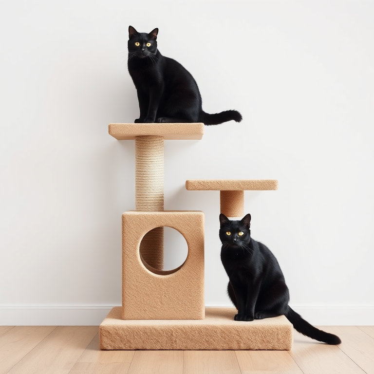 create a digital illustration of a modern cat tree with two black cats, using a wide-angle lens, f/8 aperture, ISO 100, studio lighting, and a flat lay perspective for enhanced detail and clarity.