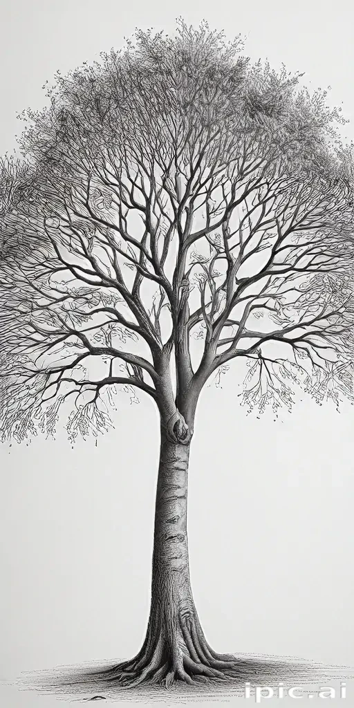 Intricate Black and White Illustration of a Leafless Tree with Detailed ...