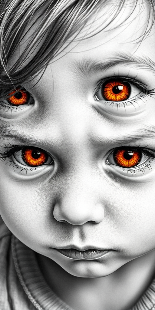 A hyperdetailed photorealistic black and white sketch of a beautiful toddler with deep orange eyes, with a macro focus