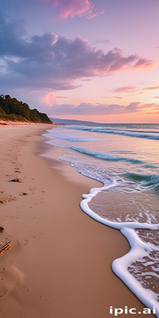 Tranquil Sunset Over Serene Beach with Gentle Waves and Soft Sand