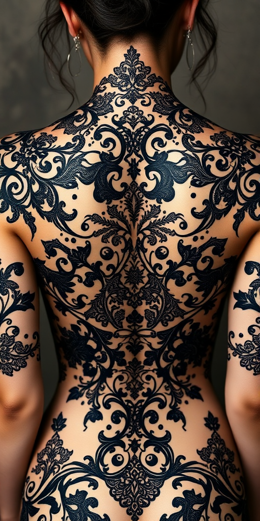Ornate blackwork body tattoo showcasing intricate lace patterns and filigree designs across the shoulders and upper back, creating a stunning illusion of gothic jewelry