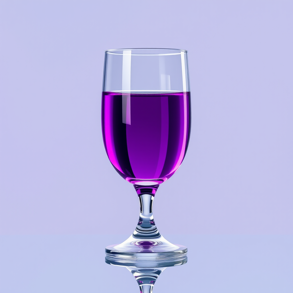 Create a high-resolution digital illustration of a tall, elegant glass filled with purple liquid, with a reflective surface and soft highlights, captured using a Canon EOS R5, 50mm lens, f/1.8 aperture, ISO 100, natural lighting, and a slight low-angle view to emphasize the glass's height and details.