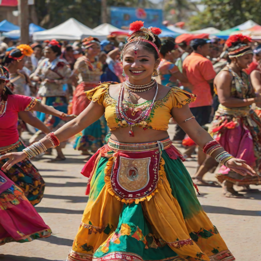 Vibrant cultural festival, with traditional dancers in colorful costumes, musicians playing lively tunes, and people enjoying various cultural activities, creating a sense of community.