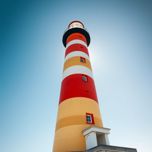 Create a high-resolution image of a lighthouse with orange and white stripes, showcasing the bright light at the top, captured with a DSLR camera at f/8 aperture, 50mm lens, ISO 100, in a standard view with clear skies and vibrant colors.