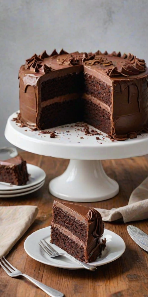 Generate an image of a layered chocolate cake with a slice cut out, revealing its multiple layers. The cake should have a smooth chocolate frosting on top and be displayed on a white cake stand. Next to it, place a slice of the cake on a plate with a fork beside it. The setting should be a wooden table.