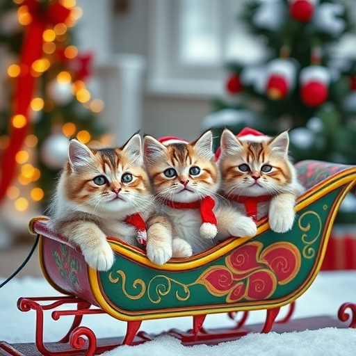 A cozy winter scene featuring three fluffy cats in festive outfits lounging on a colorful sleigh, shallow depth of field, soft natural lighting, shot with a 50mm lens at f/1.8, ISO 200, taken with a DSLR camera in portrait mode.