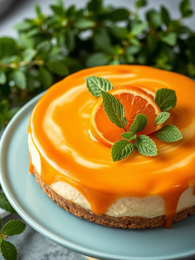 Create an image of a beautifully decorated cheesecake featuring a glossy orange glaze topped with caramelized orange slices and fresh mint leaves on a light blue plate. The cake has a graham cracker crust and a swirled marbled design on the surface, surrounded by greenery in the background.