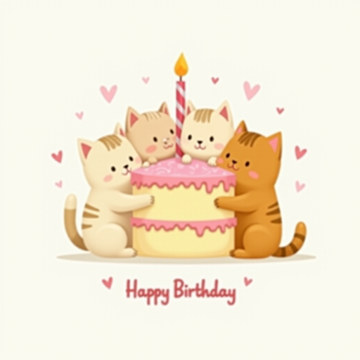 Create a whimsical illustration featuring four cute kittens hugging a layered birthday cake. The cake should have pink and yellow icing, topped with a single candle. Add small hearts around the scene and include the words "Happy Birthday" in a playful font at the bottom.