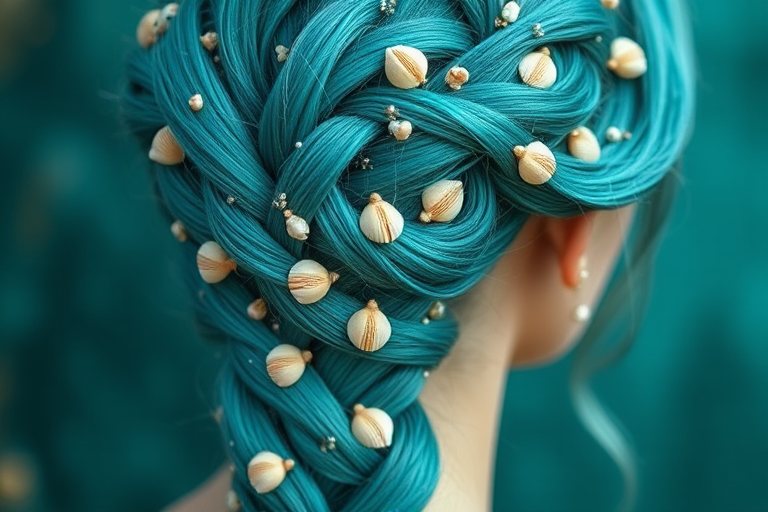 Mystical teal mermaid braid dubbed "Siren's Song" incorporates an intricate five-strand plait adorned with tiny seashells and shimmering aquamarine highlights
