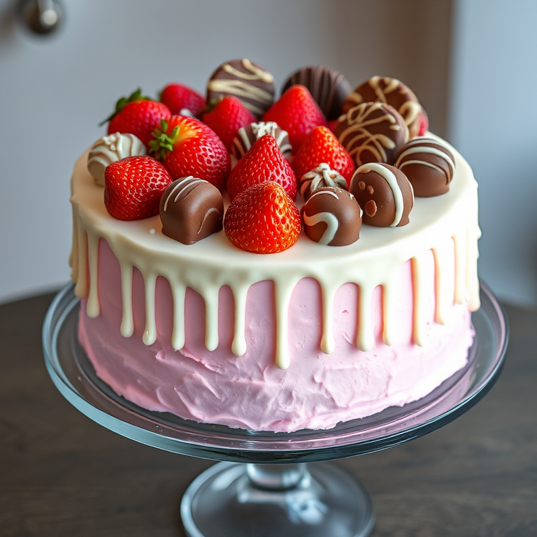 A beautifully decorated cake with pink frosting and a white chocolate drip, topped with assorted strawberries and chocolate-covered treats, displayed on a glass cake stand with a soft blurred background.