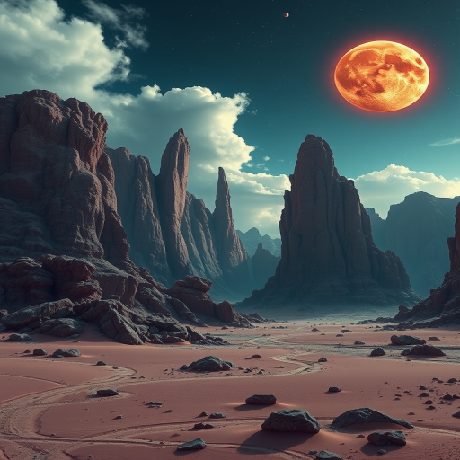 Generate a stunning sci-fi landscape featuring towering rock formations in a desert setting with two vibrant planets in the sky, using a DSLR camera with a 24mm lens, f/8 aperture, ISO 100, and a wide-angle perspective for enhanced depth and clarity.