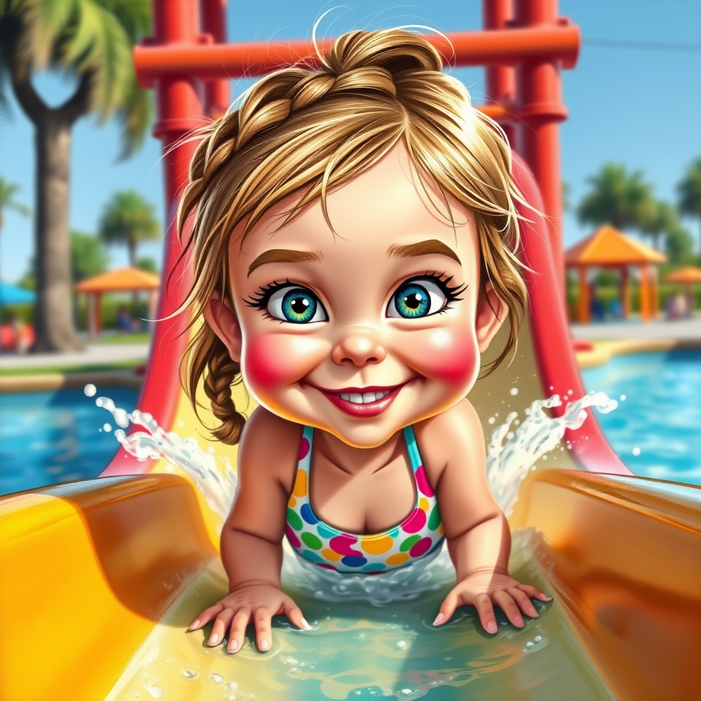 A sassy caricature toddler girl with medium highlighted hair in a messy braid, light eyes, fluffy long lashes, silly funny faces, wearing a colorful swimsuit, going down a waterslide face first, lots of water, created in highlighted chalk style, vibrant colors, background is a park with acrylic paint, airbrush