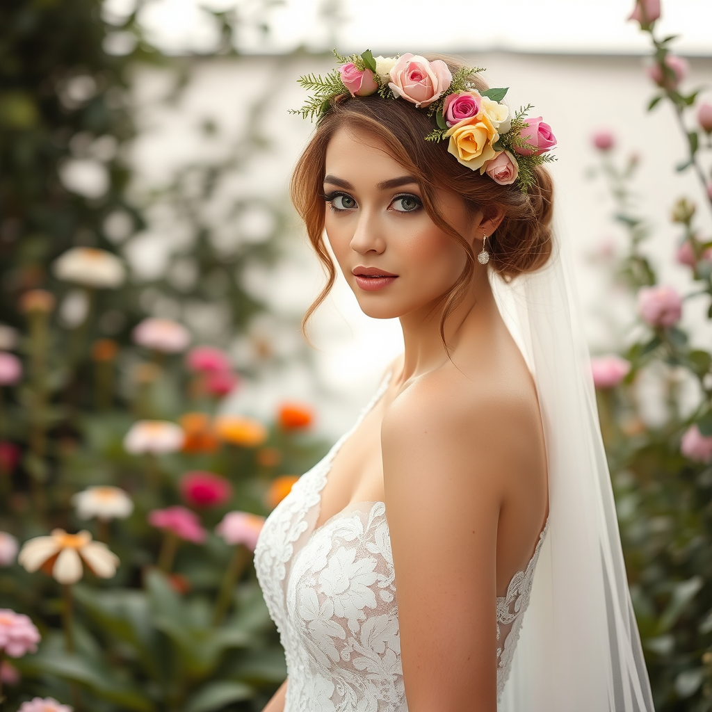 Garden scene, bridal model, delicate lace gown, floral headpiece, soft romantic focus, high-key lighting and an 85mm lens for soft, even tones that highlight the model’s face and bright outfit against a white or light background