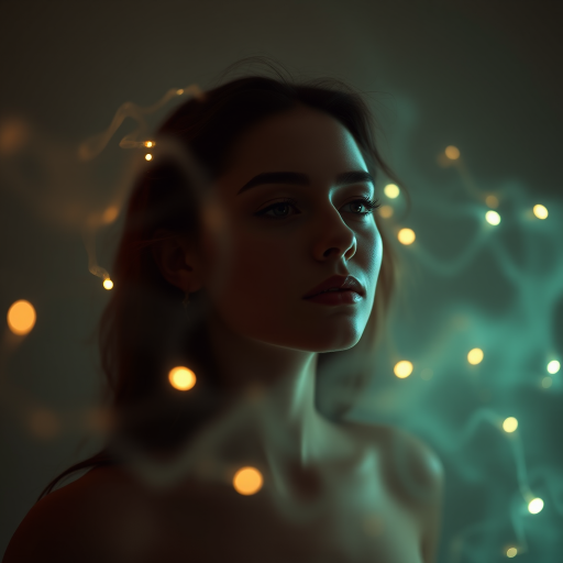 Create a mystical portrait of a woman with ethereal glowing wisps of light around her, shot with a Canon EOS R5, 50mm f/1.2 lens, ISO 100, f/2.0, 1/125s, using soft studio lighting and a shallow depth of field for a dreamy atmosphere.