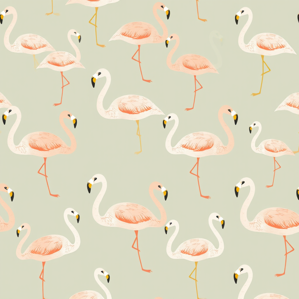 Create a whimsical pattern featuring stylized flamingos in various poses with light brown, green, and white color scheme, using a Canon EOS R5 camera with a 50mm lens at f/8, ISO 100, in natural light and high-resolution format.