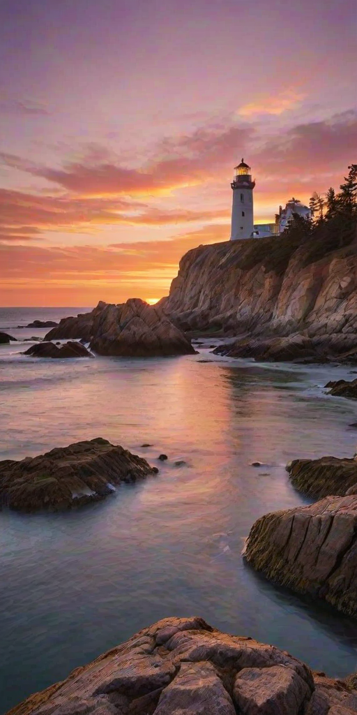 Generate an image of a tall lighthouse perched on a rocky outcrop surrounded by calm ocean waters during a breathtaking sunset. The lighthouse stands sturdy and weathered, its stone surface illuminated by the warm golden light of the setting sun. The sun's rays pass directly through the glass lantern room at the top of the lighthouse, casting a brilliant light across the scene. The sky is painted with vibrant shades of orange, pink, and purple, reflecting off the tranquil sea. The surrounding water shimmers with the same warm hues, creating a serene and majestic atmosphere.