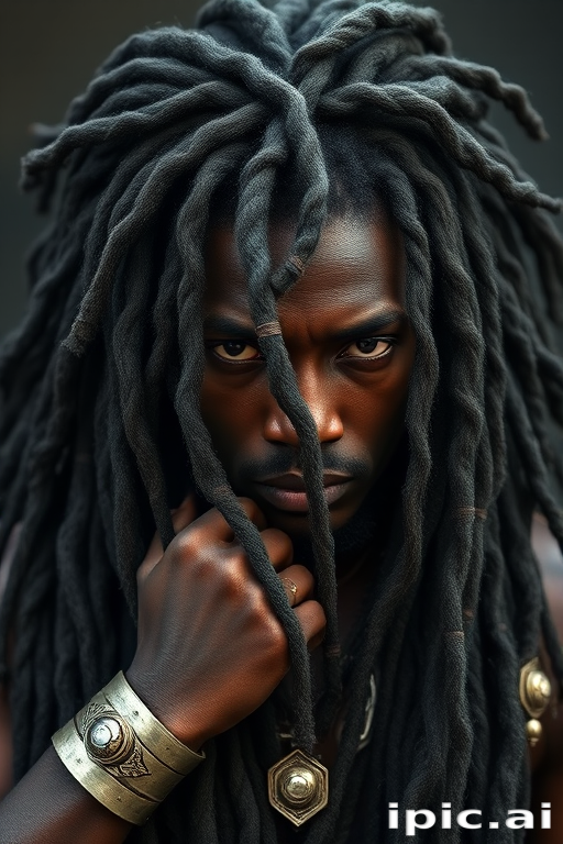 Luxurious charcoal gray dreadlocks adorned with silver cuffs and rings, exuding strength and cultural pride, known as "Obsidian Warrior"